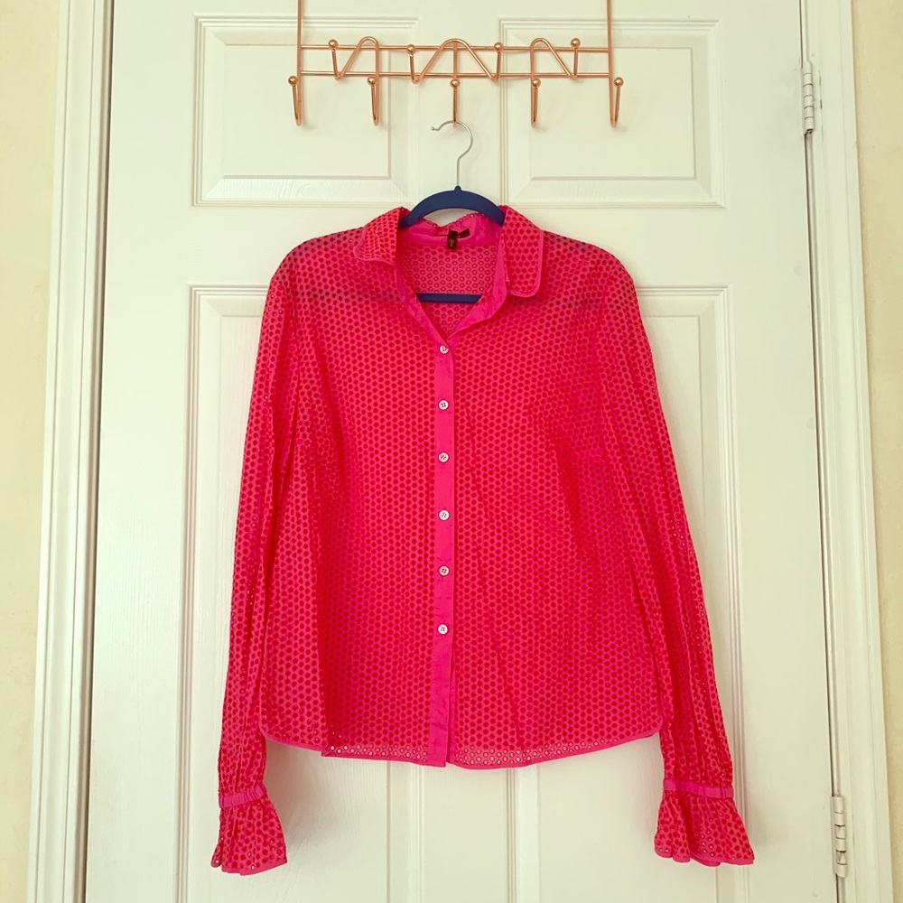 ESCADA EUC pink eyelet mesh blouse size 44 (US 14)